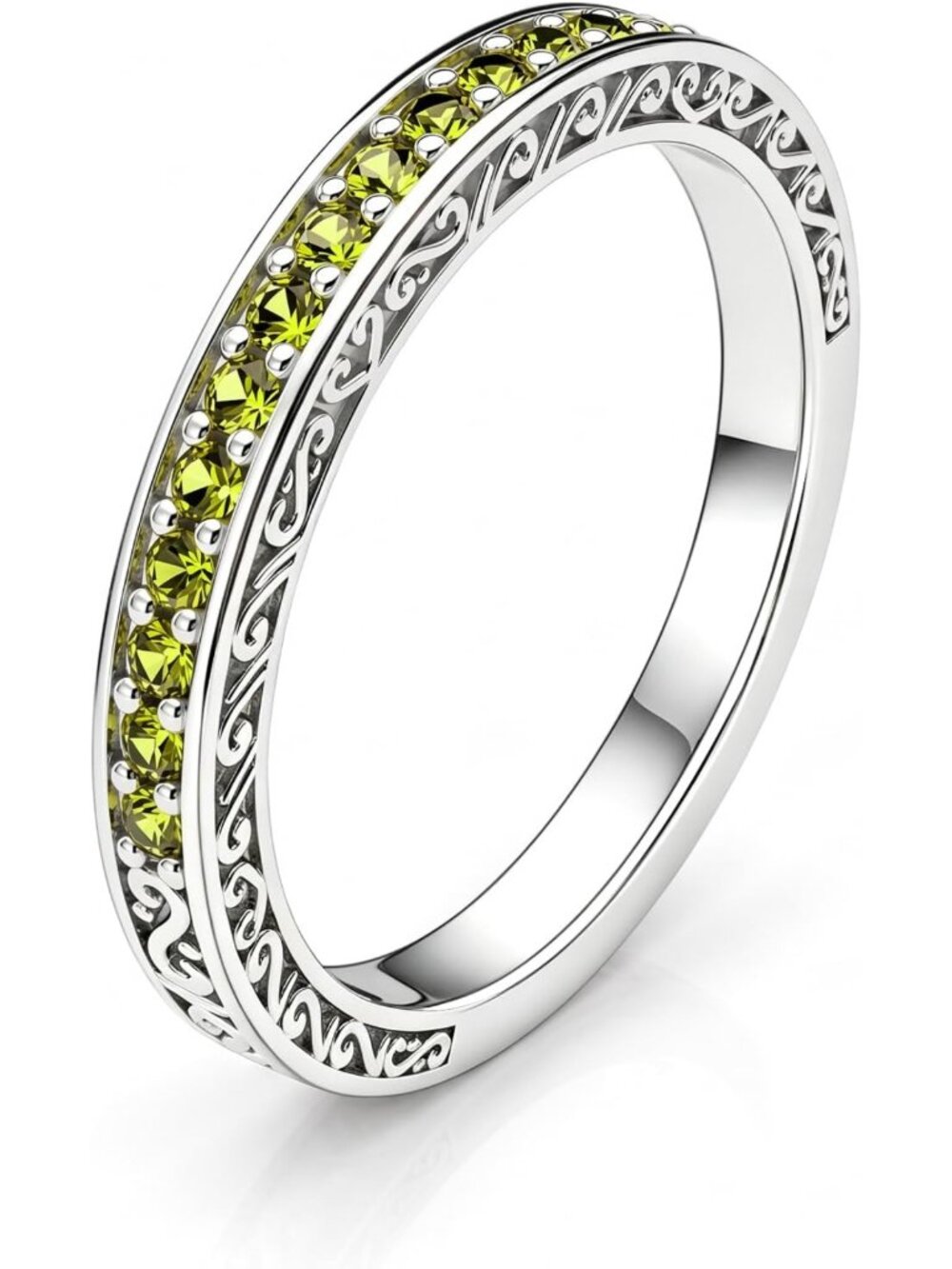 Dainty 2.5mm Thin Vintage Filigree Birthstone Eternity Ring for Women